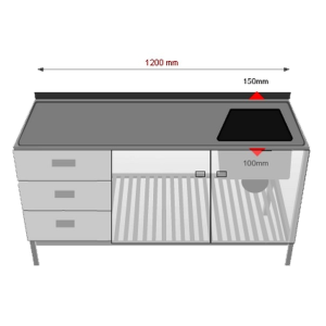 Pesupöytä kaapinovilla ja kolmella vetolaatikolla  INOX 1200PPOV